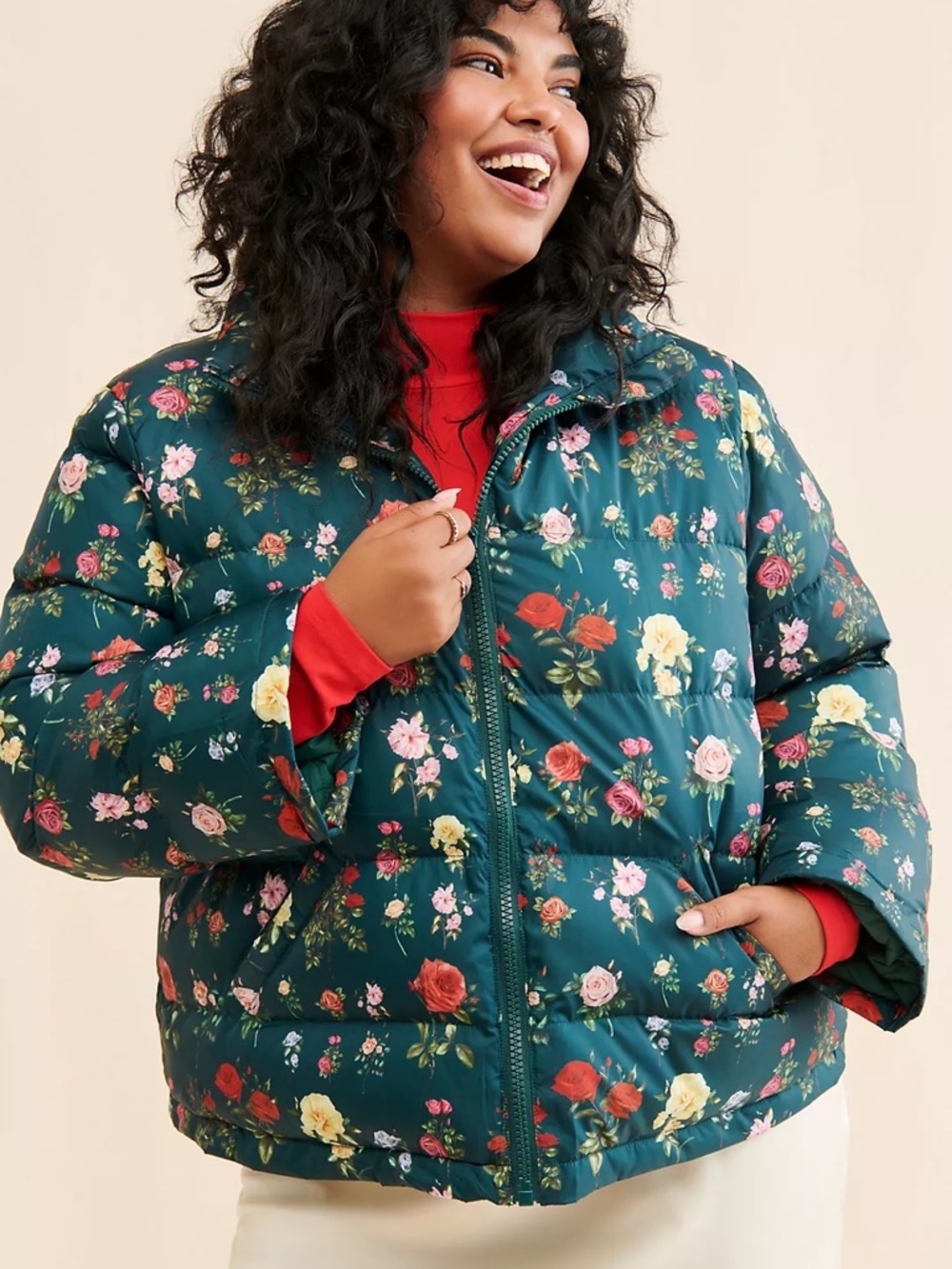 Rachel Antonoff Womens Jemma Rose Green Floral Parker Puffer Jacket Coat sz 2X
